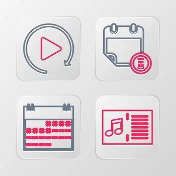 Set line Music book with note, Calendar, and clock and Video play button icon Illustrazione stock