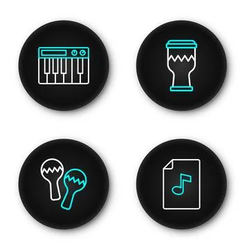 Set line Music book with note, Maracas, Drum and synthesizer icon. Vector Stock Illustration