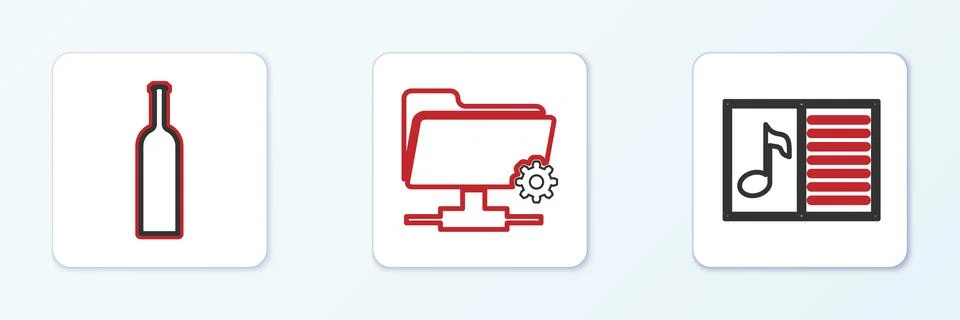 Set line Music book with note, Bottle of wine and FTP settings folder icon... Stock Illustration