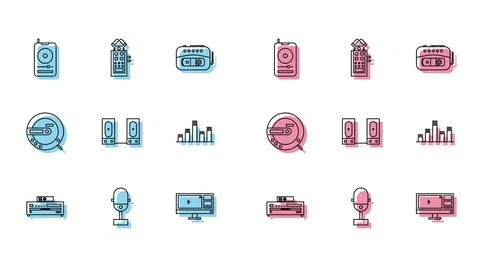 Set line Music CD player, Microphone, Video recorder or editor software monitor Stock Illustration