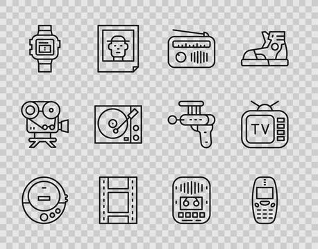 Set line Music CD player, Old mobile phone, Radio with antenna, Play Video,.. Stock Illustration