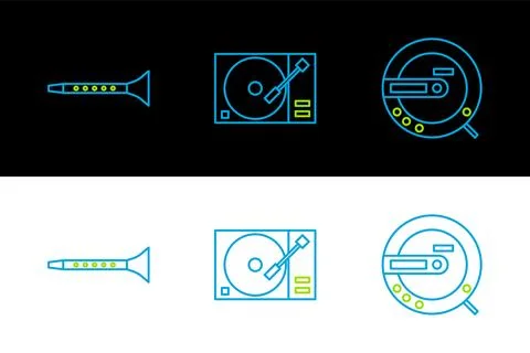 Set line Music CD player, Clarinet and Vinyl with vinyl disk icon. Vector Stock Illustration