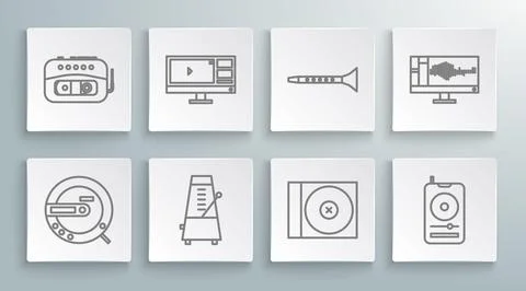 Set line Music CD player, Video recorder or editor software on monitor, Met.. Stock Illustration