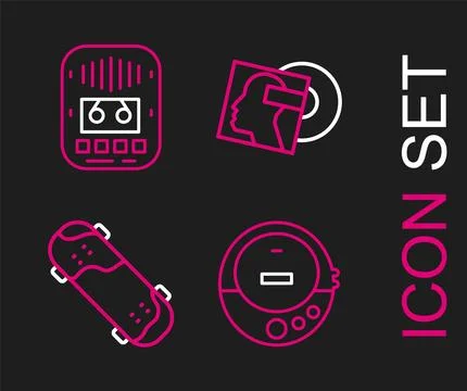 Set line Music CD player, Skateboard trick, Vinyl disk and Cassette tape ic.. Stock Illustration