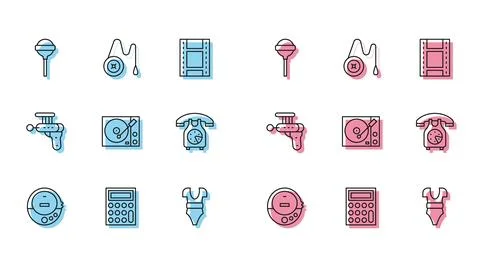 Set line Music CD player, Calculator, Lollipop, Swimsuit, Vinyl, Telephone .. Stock Illustration