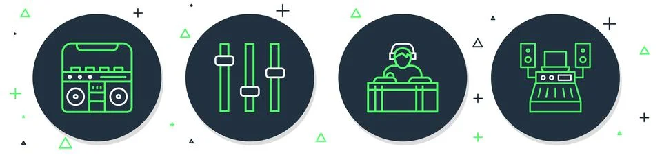 Set line Music equalizer, DJ playing music, Home stereo with speakers and r.. Stock Illustration