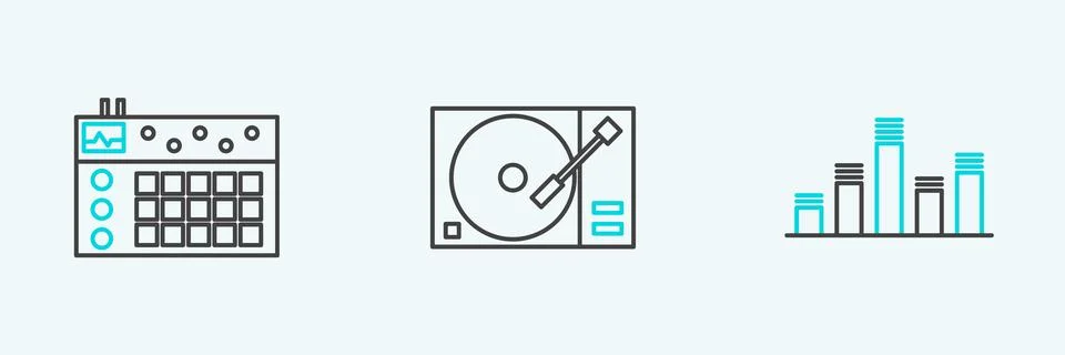 Set line Music equalizer, Drum machine and Vinyl player with vinyl disk icon Illustrazione stock