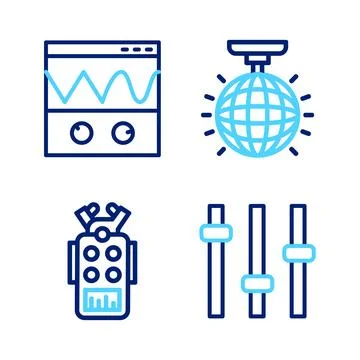 Set line Music equalizer, Microphone, Disco ball and Oscilloscope icon. Vecto Stock Illustration