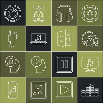 Set line Music equalizer, Musical note in speech bubble, Vinyl disk, Headph.. Stock Illustration