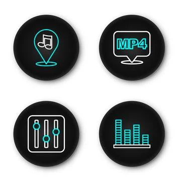 Set line Music equalizer, Sound mixer controller, MP4 file document and Loc.. Stock Illustration