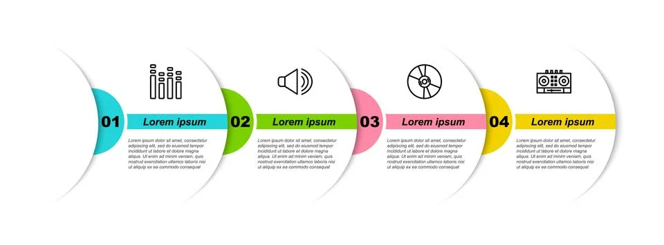 Set line Music equalizer, Speaker volume, CD or DVD disk and DJ remote and Stock Illustration