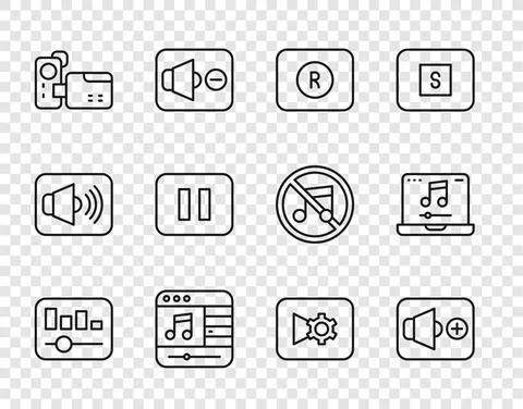 Set line Music equalizer, Speaker volume, Record button, player, Cinema camera Stock Illustration