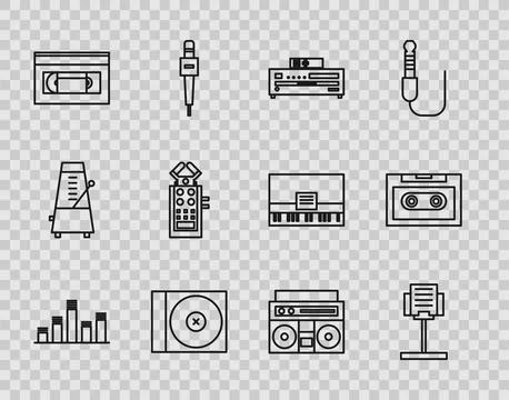 Set line Music equalizer, stand, CD player, or DVD disk, VHS video cassette tape Stock Illustration