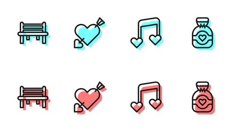 Set line Music note, tone with hearts, Romantic bench, Amour and arrow and Stock Illustration
