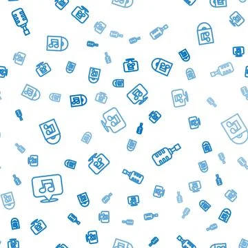 Set line Music note, tone, Microphone and Vinyl disk on seamless pattern. Vector Stock Illustration