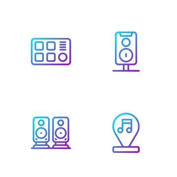 Set line Music note, tone, Stereo speaker, Drum machine and . Gradient color  Illustrazione stock