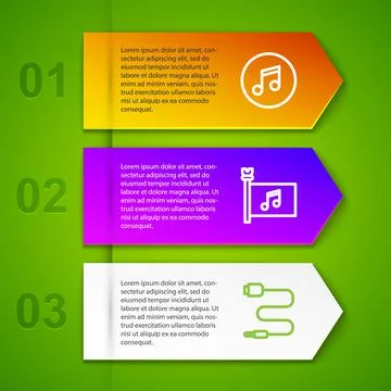 Set line Music note, tone, festival flag and Audio jack. Business infographic Illustrazione stock