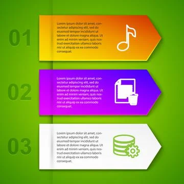 Set line Music note, tone, Delete file document, Setting database server and Stock Illustration