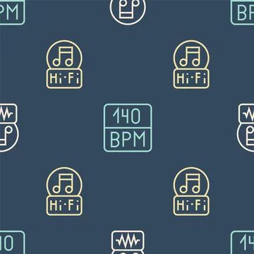 Set line Music note, tone, and Bitrate on seamless pattern. Vector Illustrazione stock