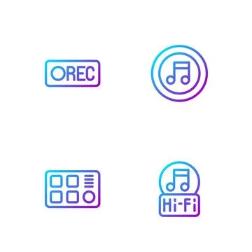 Set line Music note, tone, Drum machine, Record button and . Gradient color Illustrazione stock