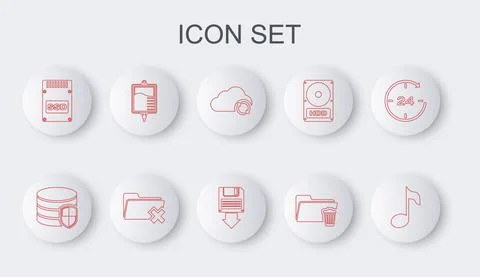 Set line Music note, tone, Database protection, Cloud sync refresh, Delete Illustrazione stock