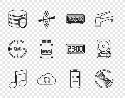 Set line Music note, tone, Waiting, Retro flip clock, Cloud sync refresh Stock Illustration