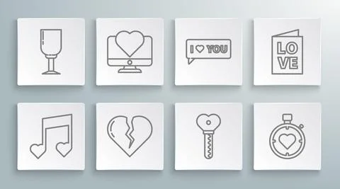 Set line Music note, tone with hearts, Computer monitor, Broken divorce, Key in イラスト素材