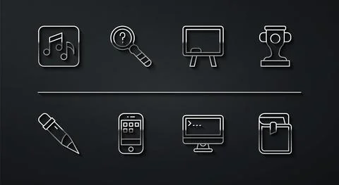 Set line Music note, tone, Pencil with eraser, Award cup, Computer monitor Stock Illustration