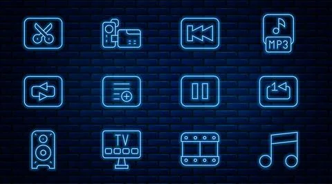 Set line Music note, tone, Repeat track music player, Rewind button, Add Stock Illustration