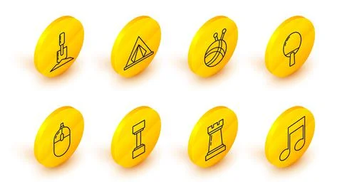 Set line Music note, tone, Chess symbol, Dumbbell, Computer mouse, Racket for Stock Illustration