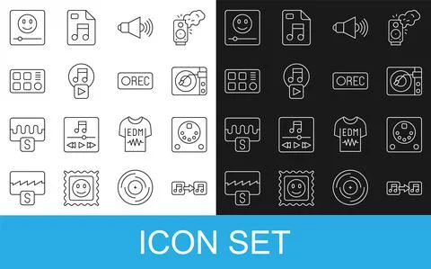 Set line Music note, tone, Drum machine, Vinyl player with vinyl disk, Speaker Illustrazione stock