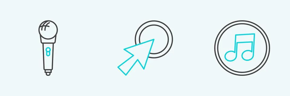 Set line Music note, tone, Microphone and Arrow cursor icon. Vector Illustrazione stock
