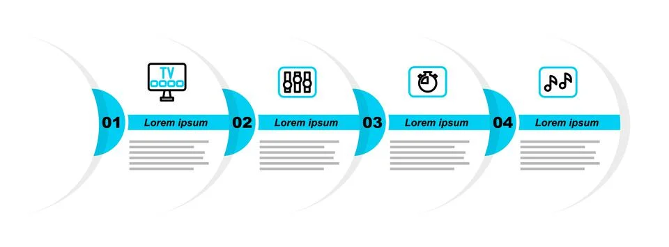 Set line Music note, tone, Stopwatch, Sound mixer controller and Smart Tv icon Stock Illustration