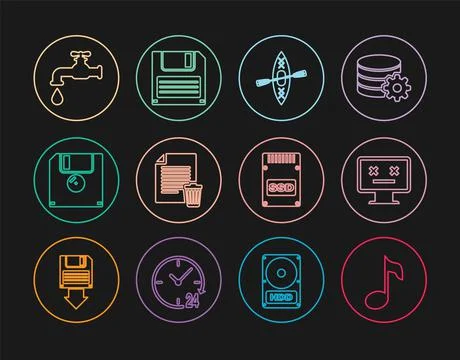 Set line Music note, tone, Dead monitor, Kayak and paddle, Delete file document イラスト素材
