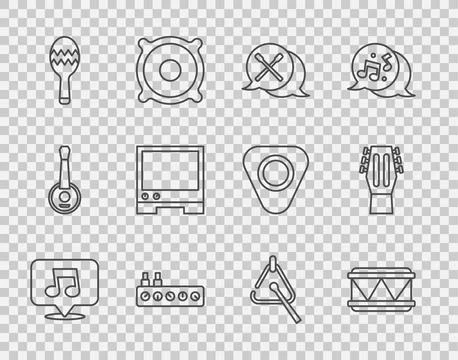 Set line Music note, tone, Drum, sticks, Sound mixer controller, Maracas, Voice Stock Illustration