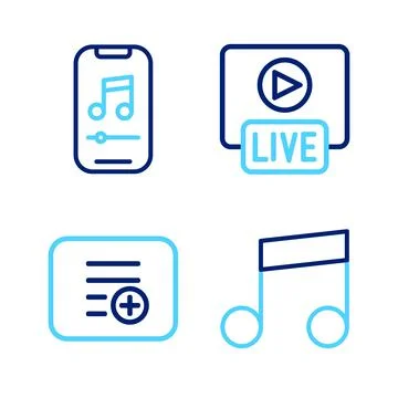 Set line Music note, tone, Add playlist, Live stream and player icon. Vector Illustrazione stock