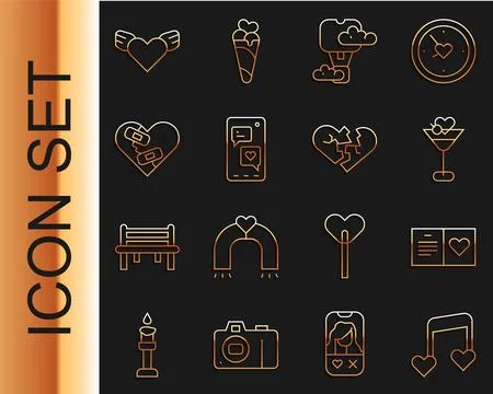 Set line Music note, tone with hearts, Valentines day party flyer, Martini gl Stock Illustration