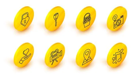 Set line Music note, tone with hearts, Map pointer, Cinema camera, Heart hand Stock Illustration