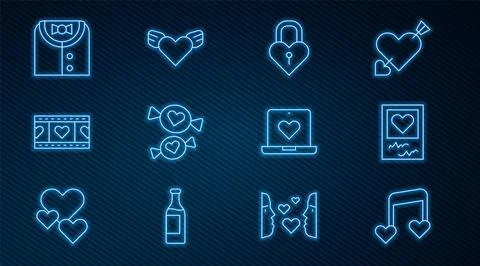 Set line Music note, tone with hearts, Photo frames and, Castle in the shape of Stock Illustration