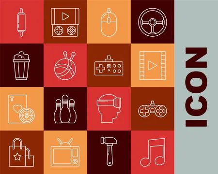 Set line Music note, tone, Gamepad, Play Video, Computer mouse, Yarn ball with Stock Illustration