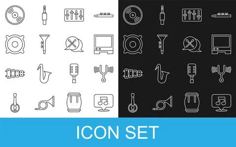 Set line Music note, tone, Musical tuning fork, Voice assistant, Sound mixer Stock Illustration