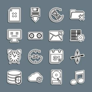 Set line Music note, tone, Kayak and paddle, Server setting, Waiting, Stere.. Stock Illustration