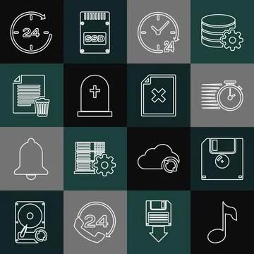 Set line Music note, tone, Floppy disk, Stopwatch, Clock 24 hours, Tombston.. イラスト素材