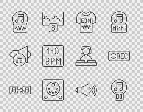 Set line Music note, tone, Pause button, T-shirt, Drum machine, Bitrate, Sp.. 스톡 일러스트