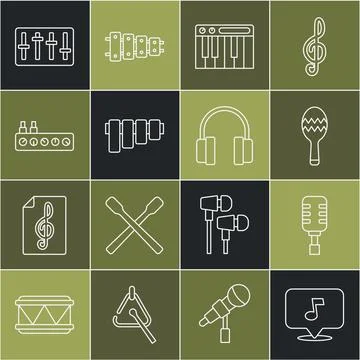 Set line Music note, tone, Microphone, Maracas, synthesizer, Pan flute, Sou.. Stock Illustration