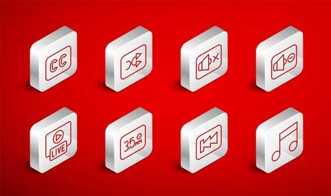 Set line Music note, tone, Arrow shuffle, Speaker mute, Rewind button, Subt.. Stock Illustration