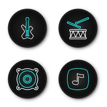 Set line Music note, tone, Stereo speaker, Drum with drum sticks and Electr.. Stock Illustration