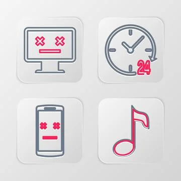 Set line Music note, tone, Dead mobile, Clock 24 hours and monitor icon. Vect イラスト素材