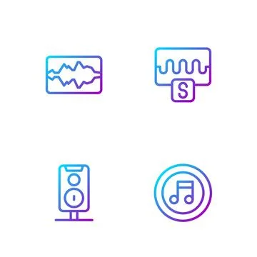 Set line Music note, tone, Stereo speaker, wave equalizer and . Gradient co.. Stock Illustration