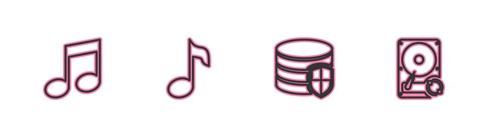 Set line Music note, tone, Database protection,  and Hard disk drive HDD sync Illustrazione stock